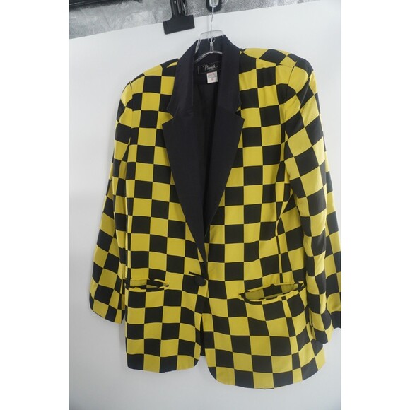 Plymouth Black & Yellow Checkered Statement Tailored Vintage Silk Blazer Size 8 - Picture 1 of 12
